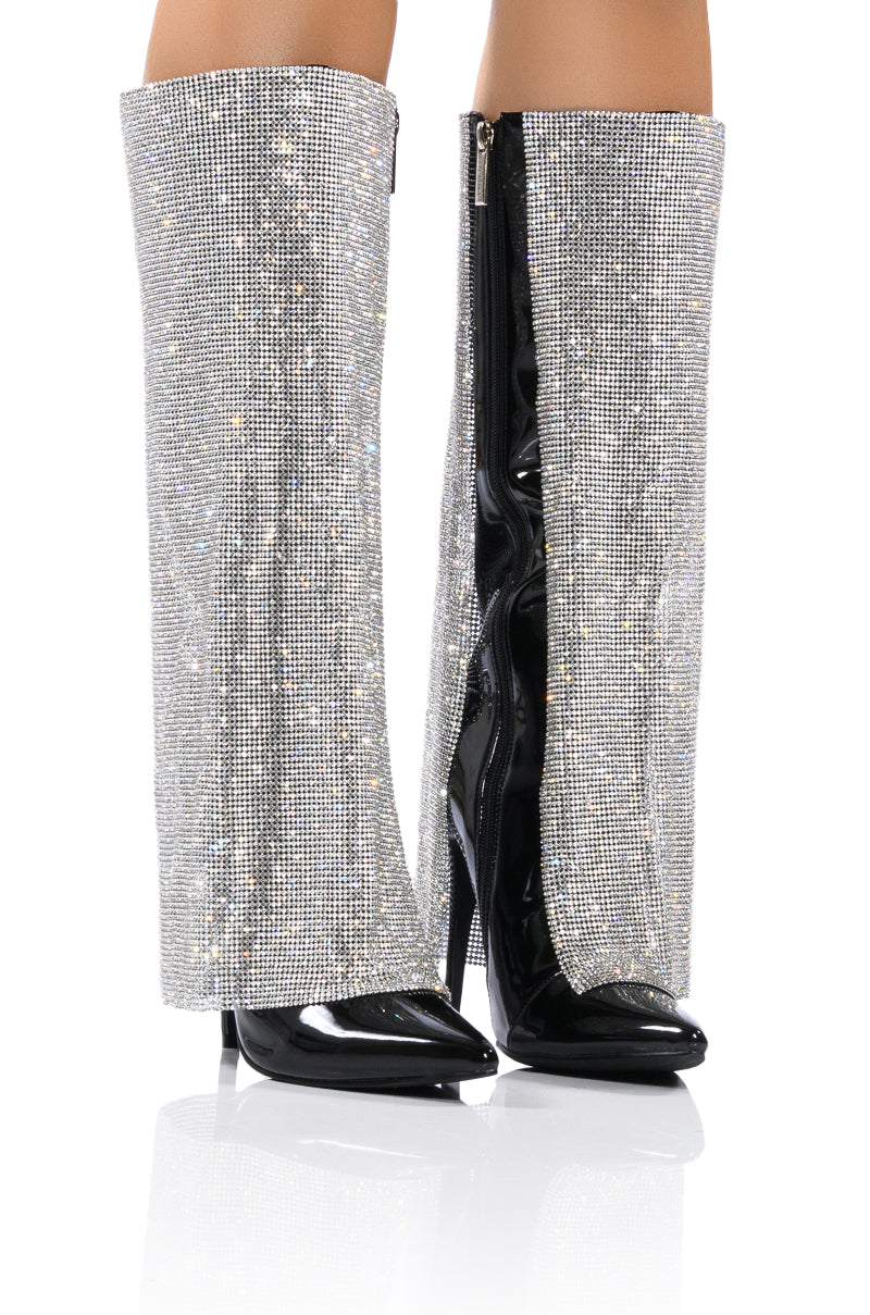 Front View Metizer Chainmail Stiletto Wedge Boot In Black Patent