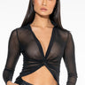 Front View Metro Twist Front Long Sleeve Mesh Blouse