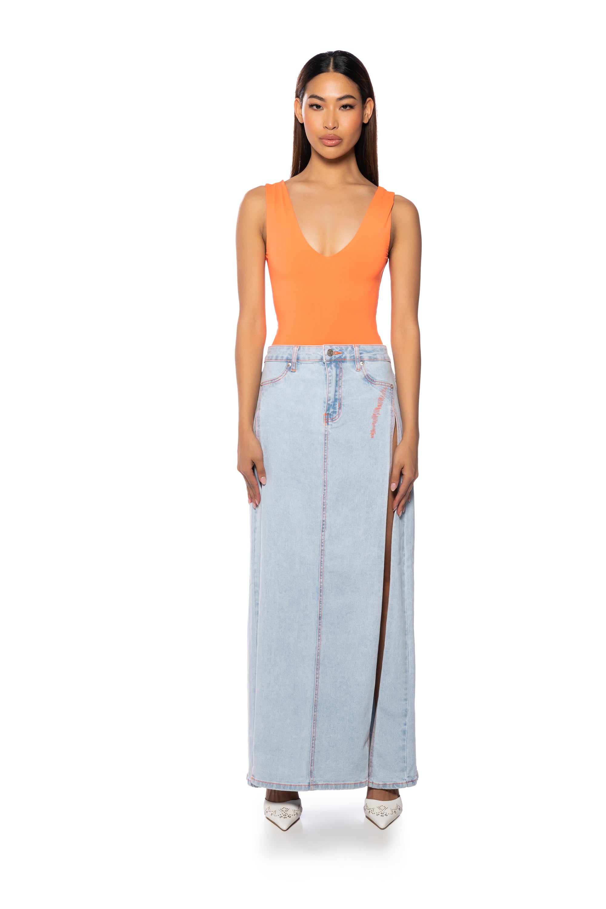 Extra View Mia Double Slit Maxi Denim Skirt