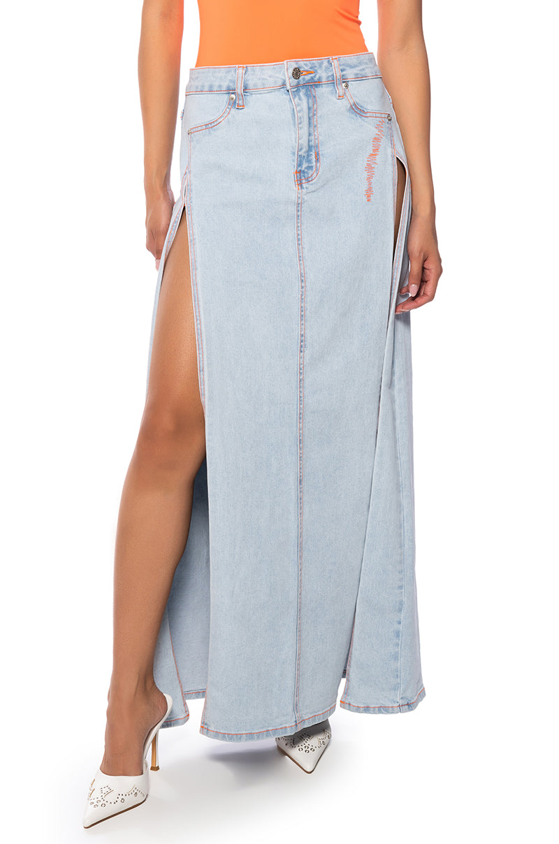 Side View Mia Double Slit Maxi Denim Skirt