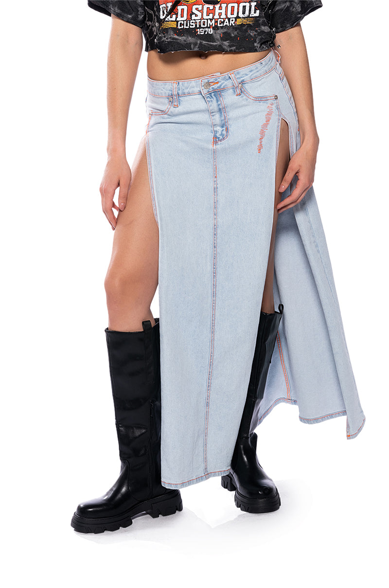 Back View Mia Double Slit Maxi Denim Skirt