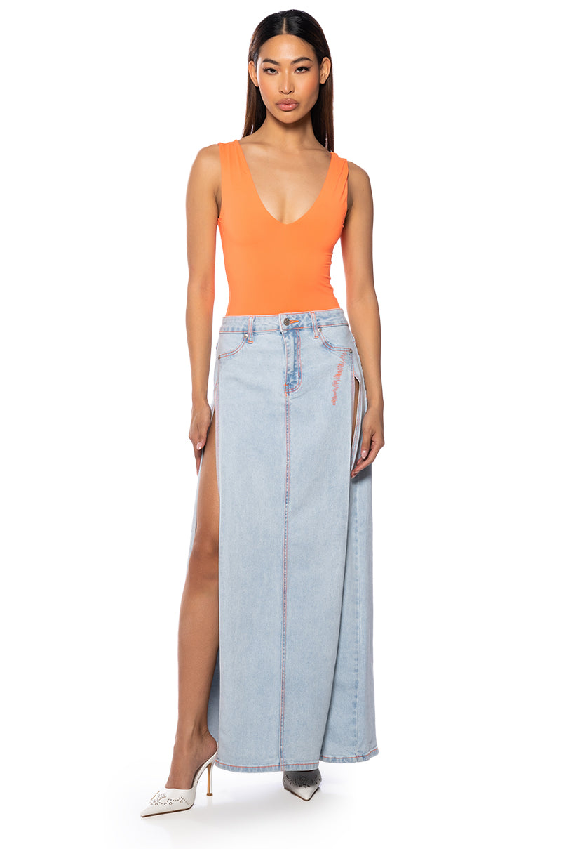 Back View Mia Double Slit Maxi Denim Skirt