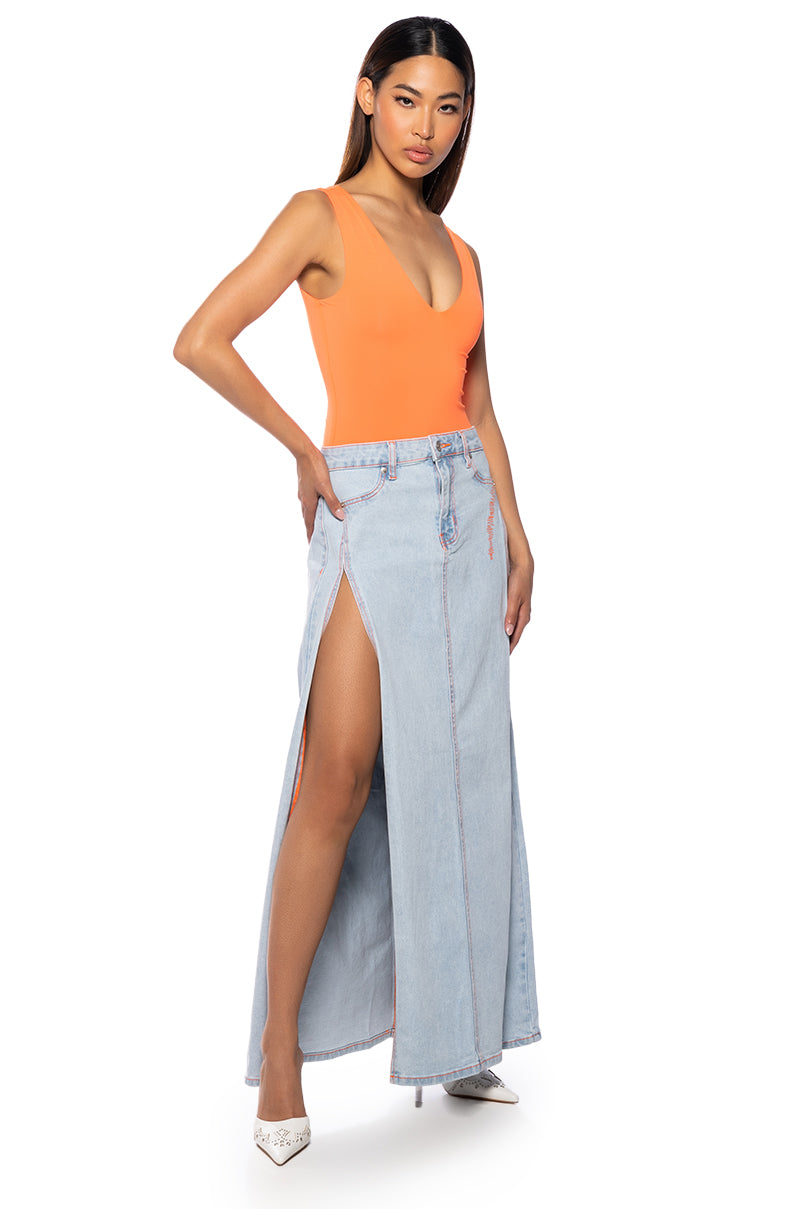 Detail View Mia Double Slit Maxi Denim Skirt