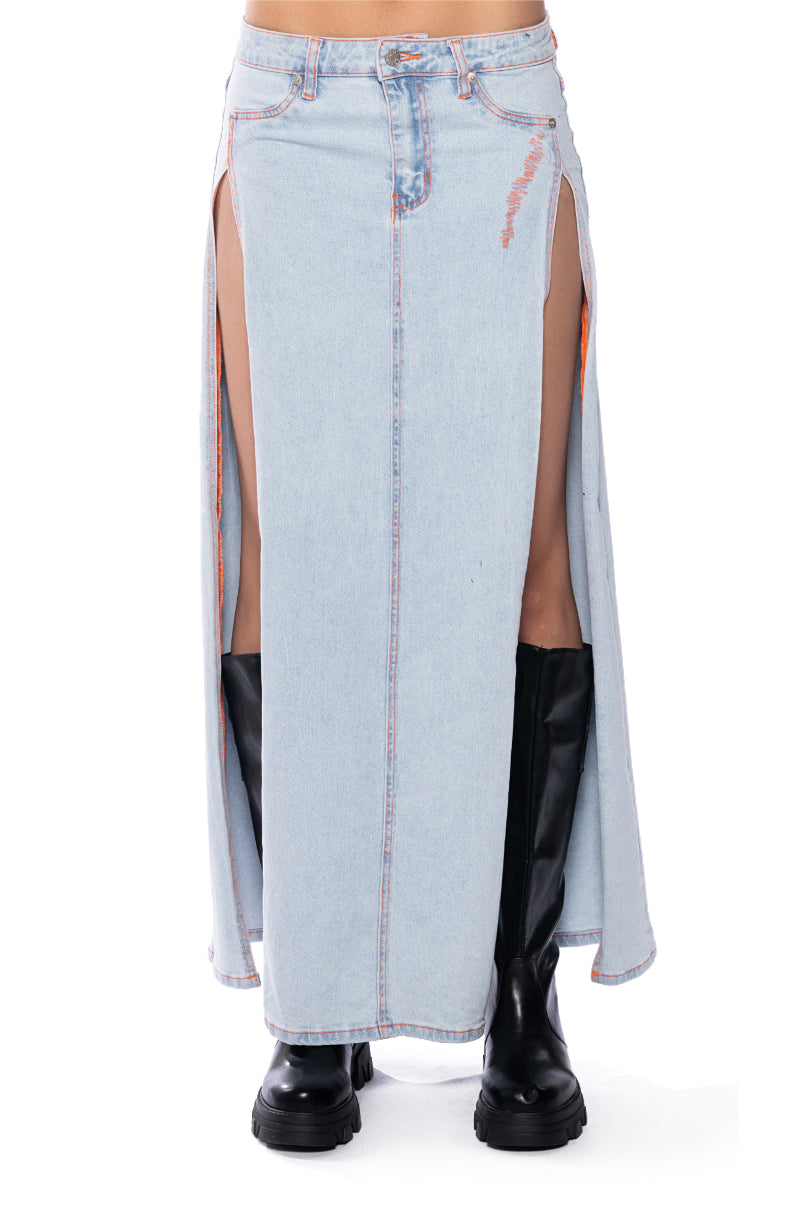 Detail View Mia Double Slit Maxi Denim Skirt