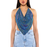 Front View Miami Callin Rhinestone Chainmail Top In Blue