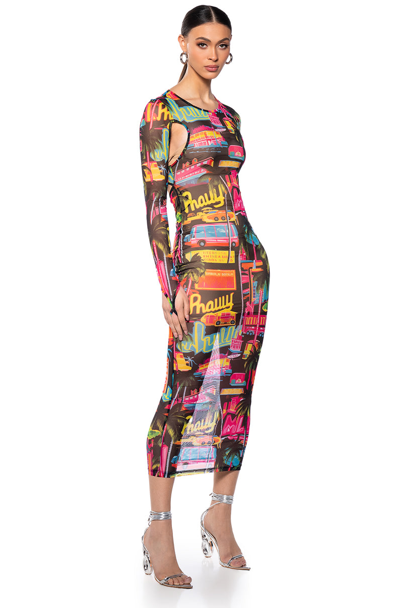 Front View Miami Vibes Printed Mesh Maxi Dress