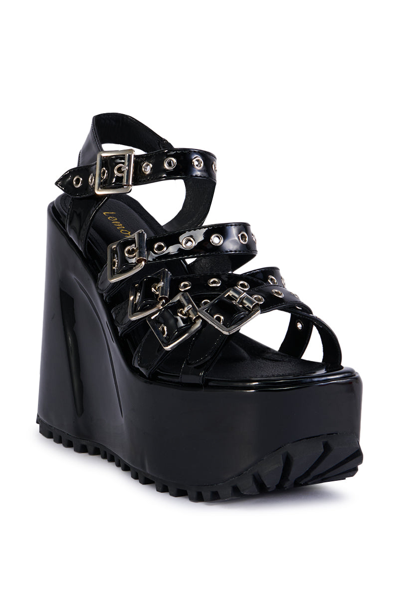 Back View Michaela Black Wedge Platform Sandal