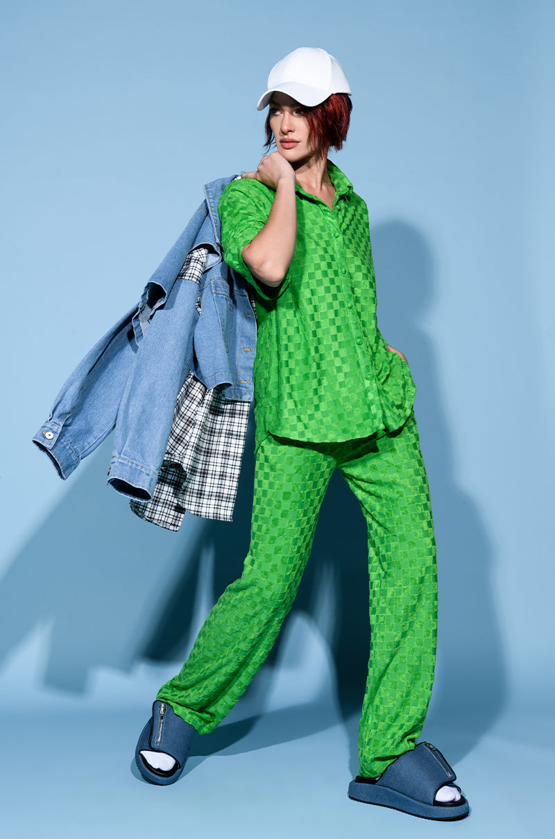 Front View Michelle Terry Checker Textured Button Polo Shirt