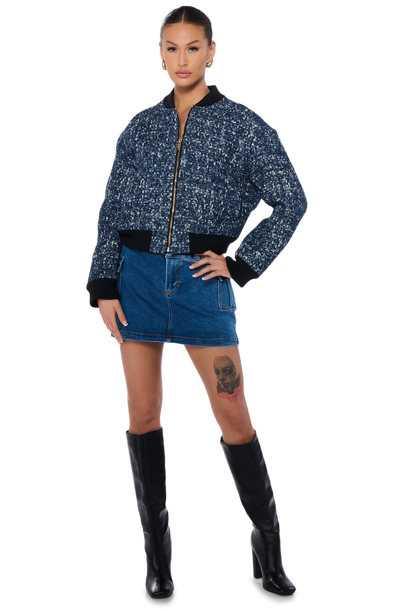 Back View Micro Denim Weave Bomber Jacket