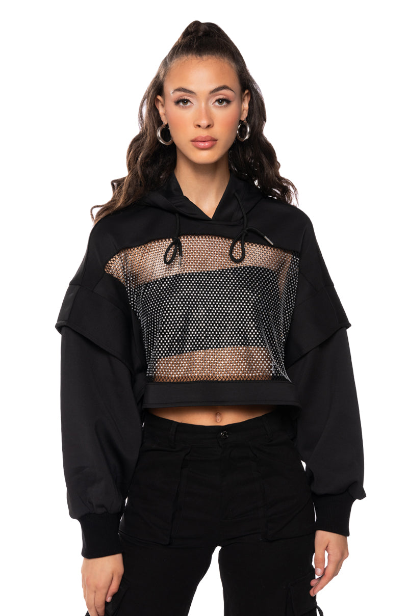 Front View Midnight Calls Cropped Long Sleeve Hoodie