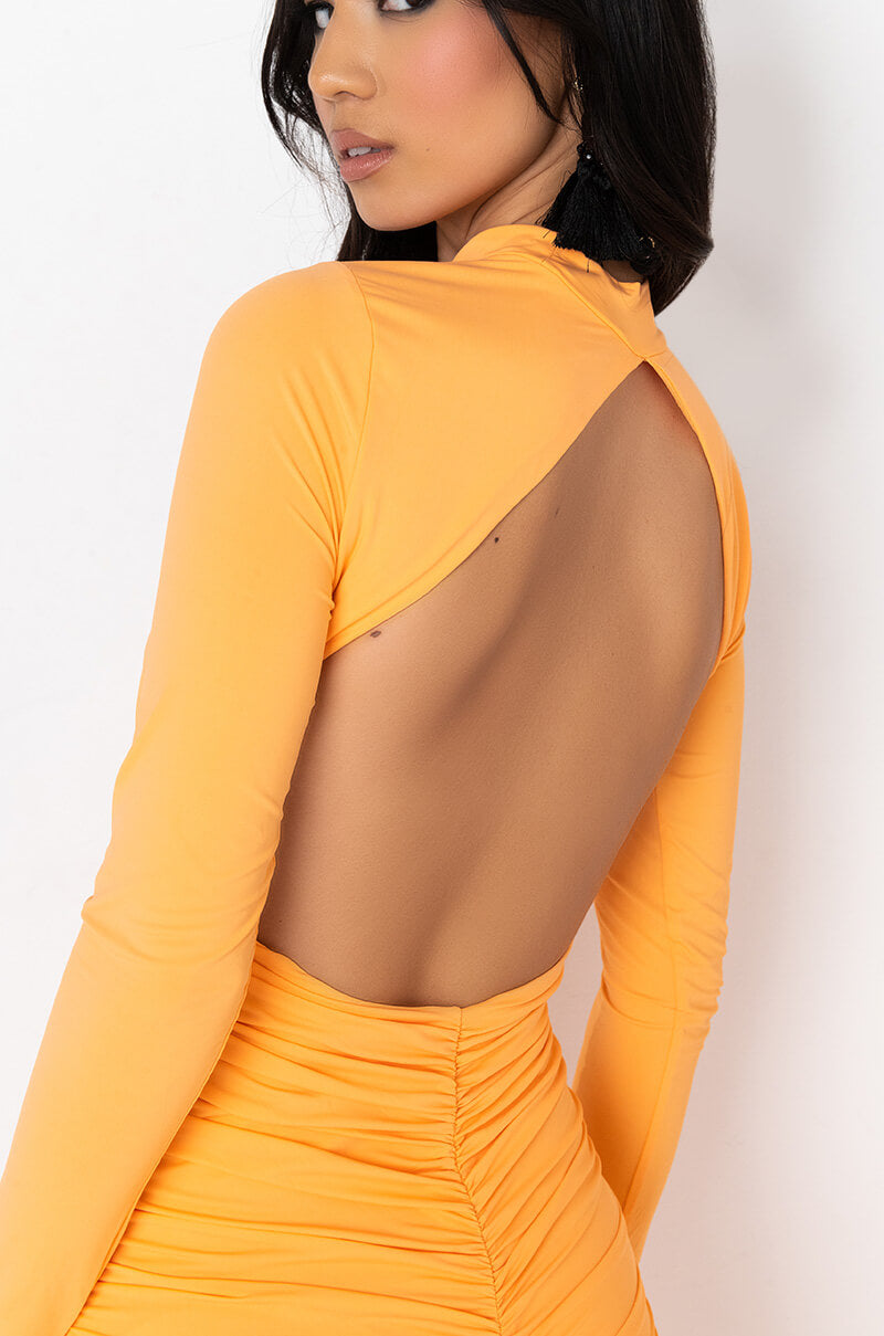 yellow backless midi dress MILA RUCHED BACKLESS MIDI DRESS – AKIRA