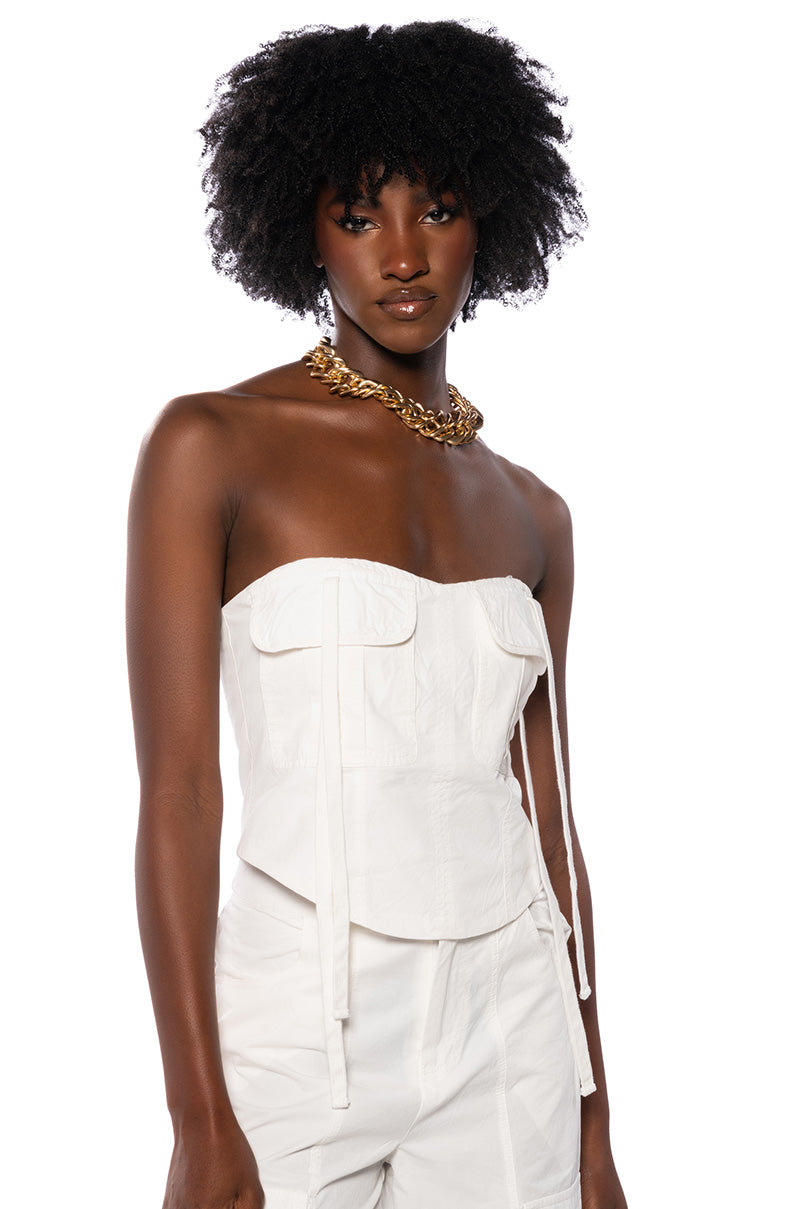 Front View Minding Mine Cropped Cargo Corset In White