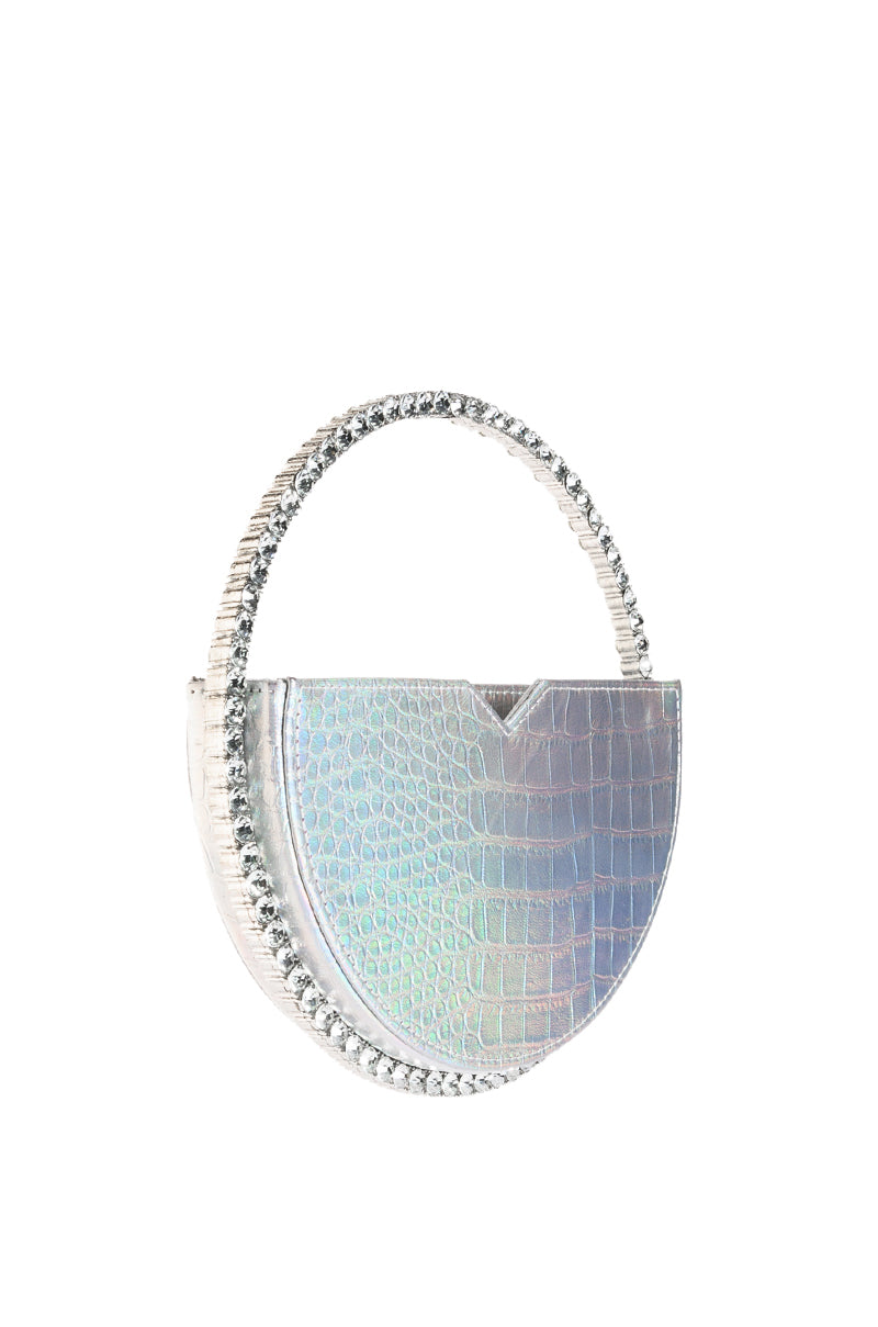 Back View Mint Diamond Handle Bag In Silver Hologram