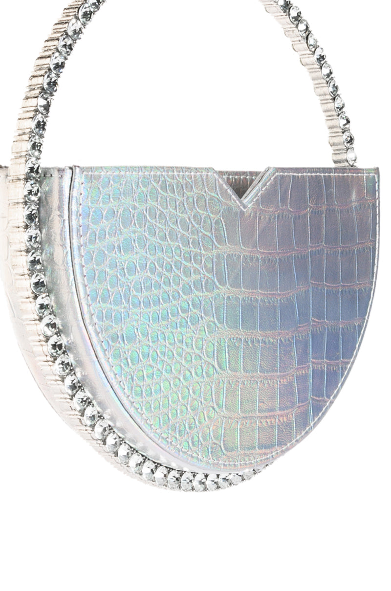 Detail View Mint Diamond Handle Bag In Silver Hologram