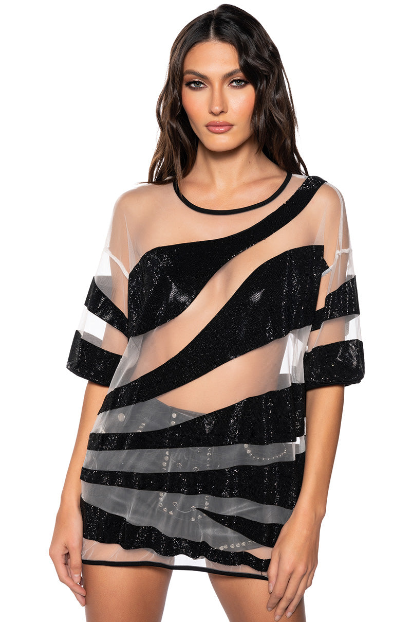 Front View Miracles Happen Rhinestone Embellished Boxy Tee In Black