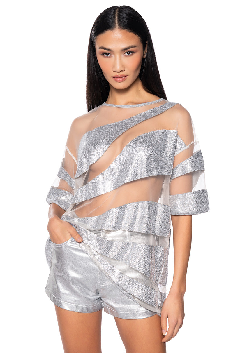 Front View Miracles Happen Rhinestone Embellished Boxy Tee In Silver Multi