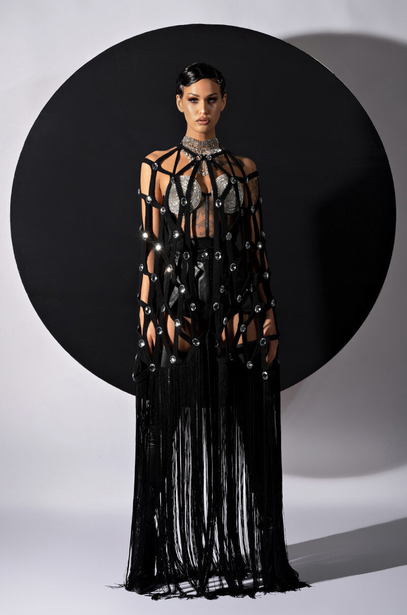 Back View Mirror Ball Fringe Embellished Long Cardigan