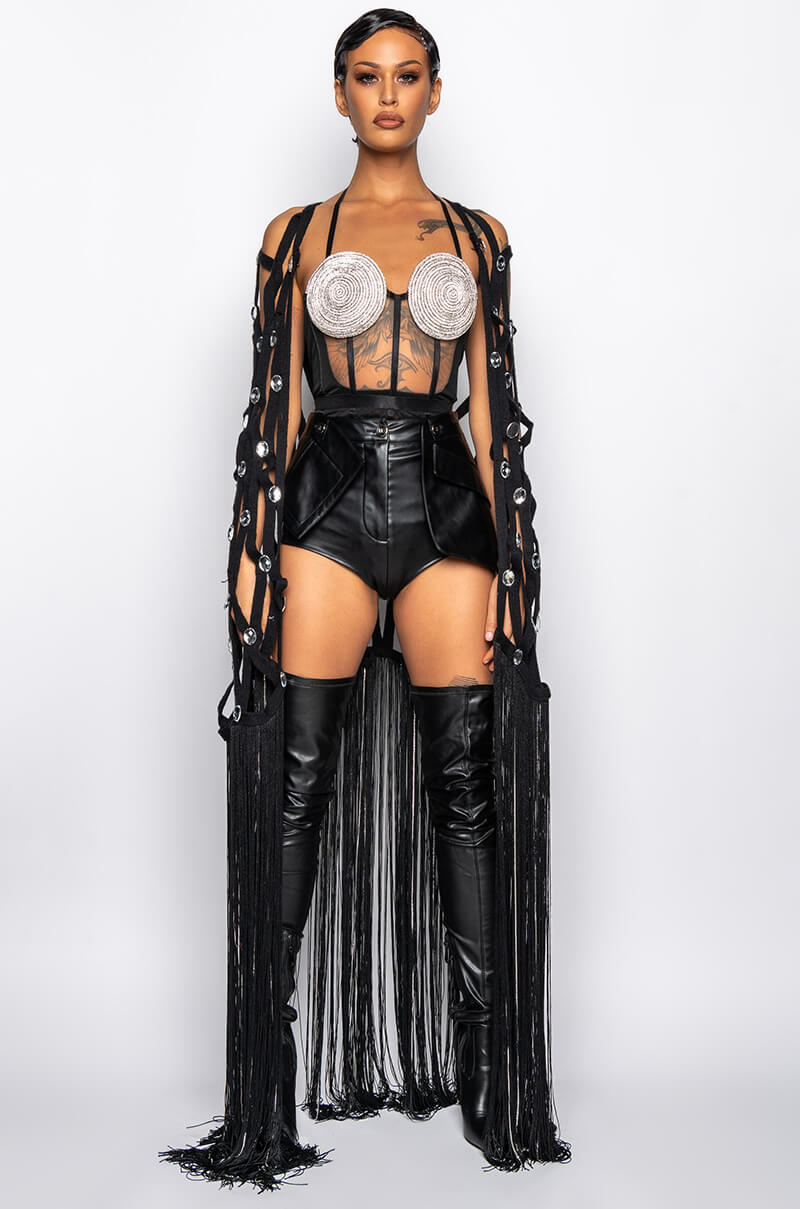 Extra View Mirror Ball Fringe Embellished Long Cardigan