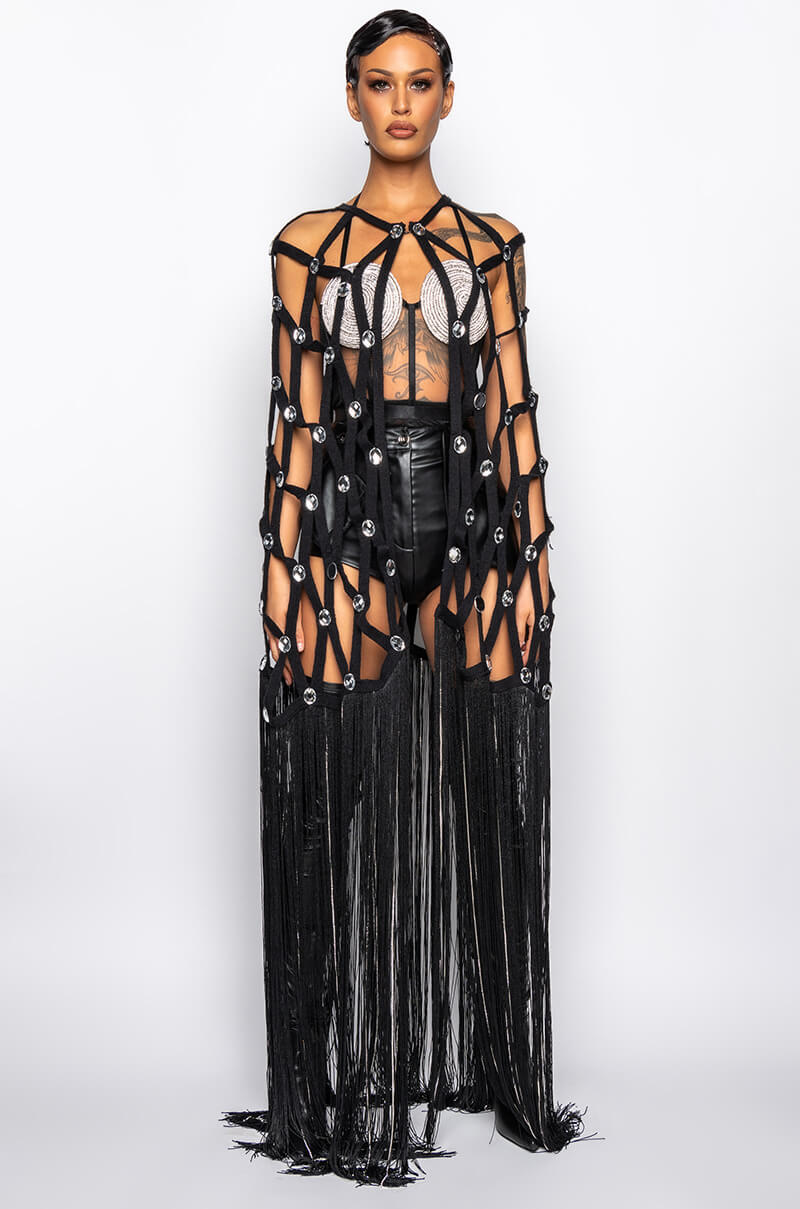 Extra View Mirror Ball Fringe Embellished Long Cardigan
