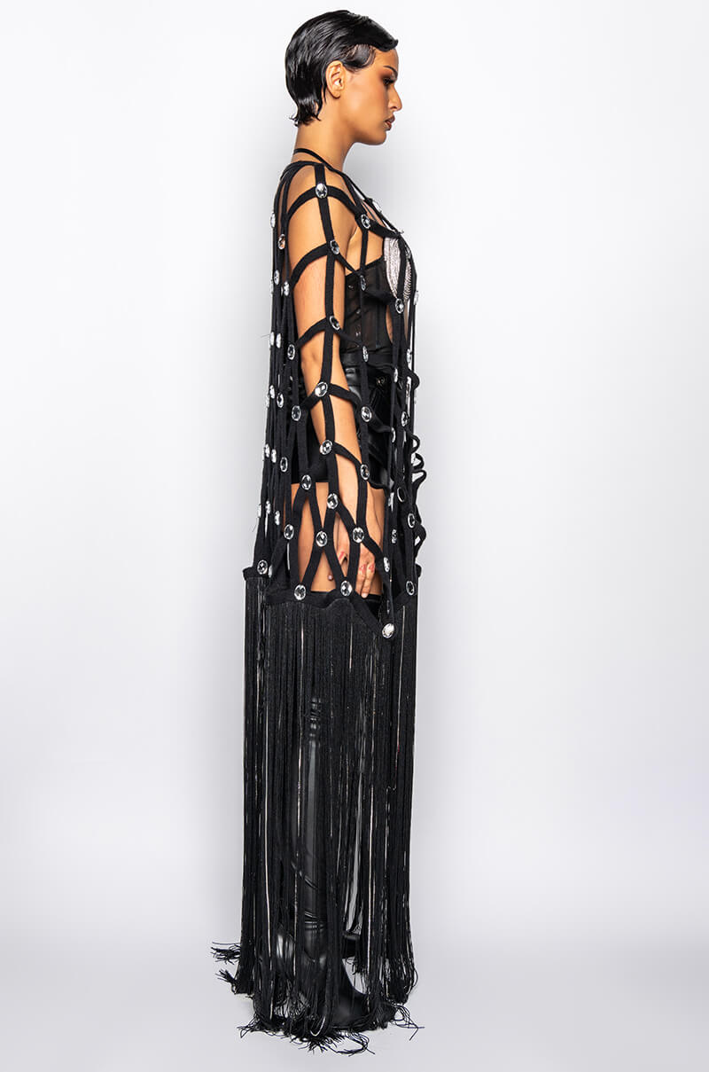 Extra View Mirror Ball Fringe Embellished Long Cardigan