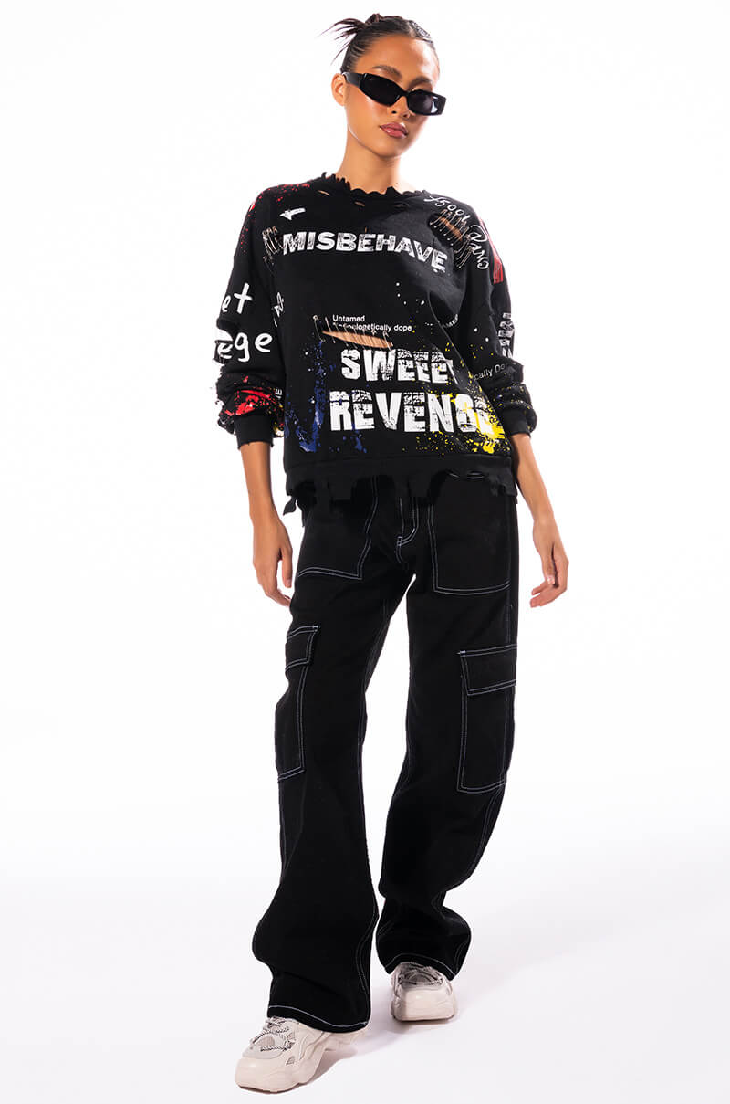 Side View Misbehavior Moment Distressed Crewneck Sweatshirt