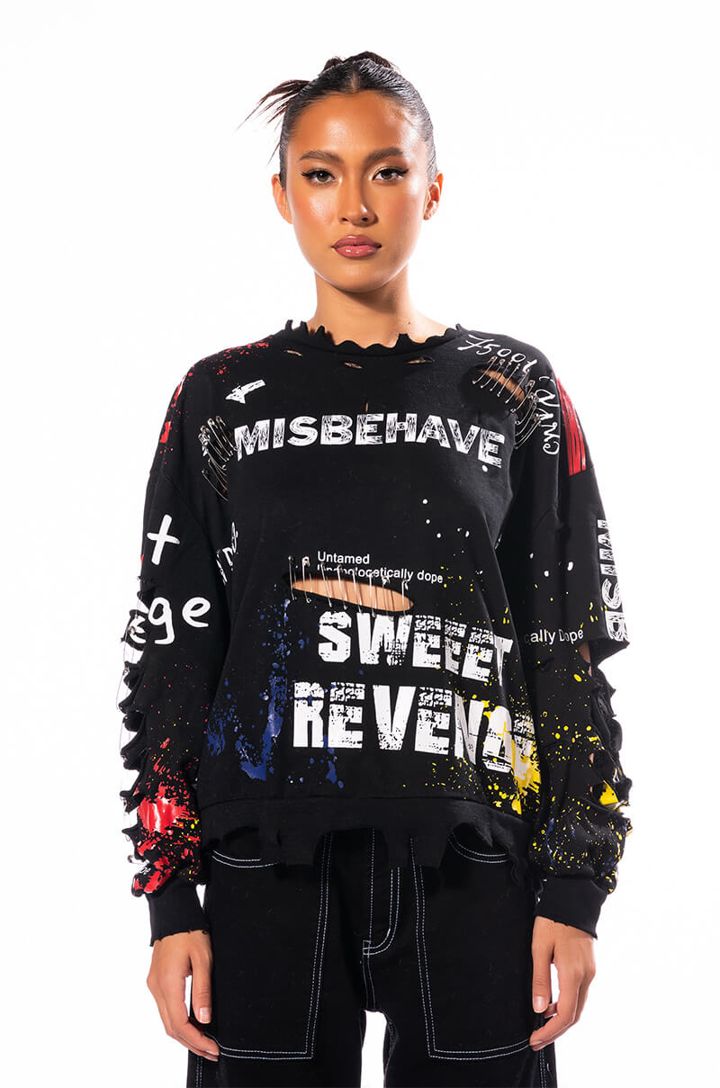 Back View Misbehavior Moment Distressed Crewneck Sweatshirt