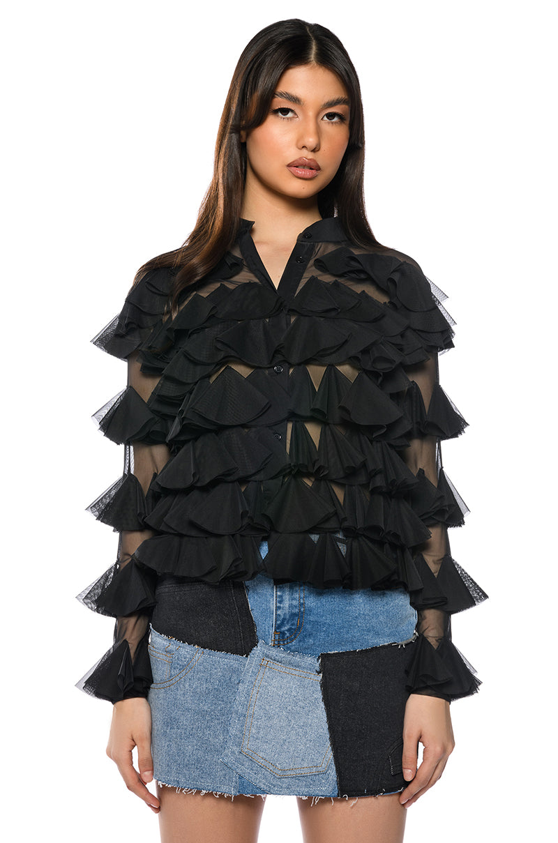 Front View Miss Everything Mesh Ruffle Button Down Top