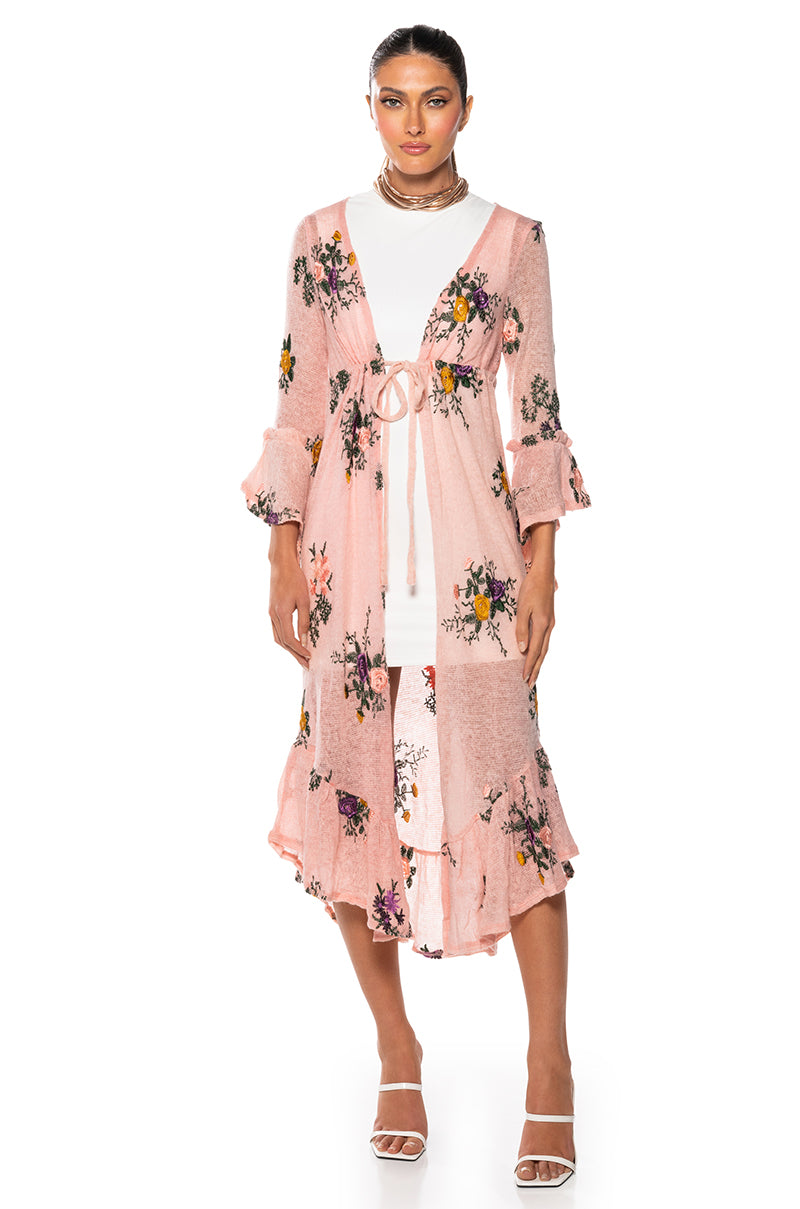 Front View Miss Honey Long Sleeve Floral Duster Sweater