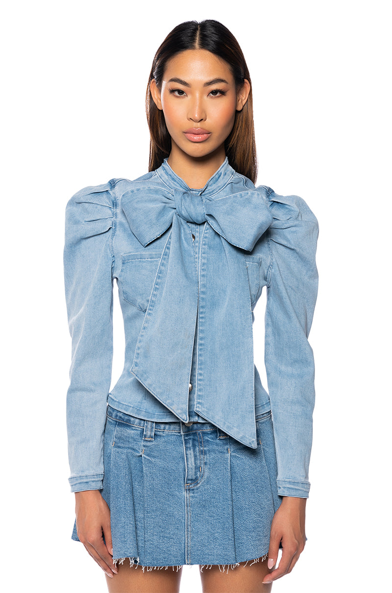 Side View Miss Independent Denim Long Sleeve Blouse