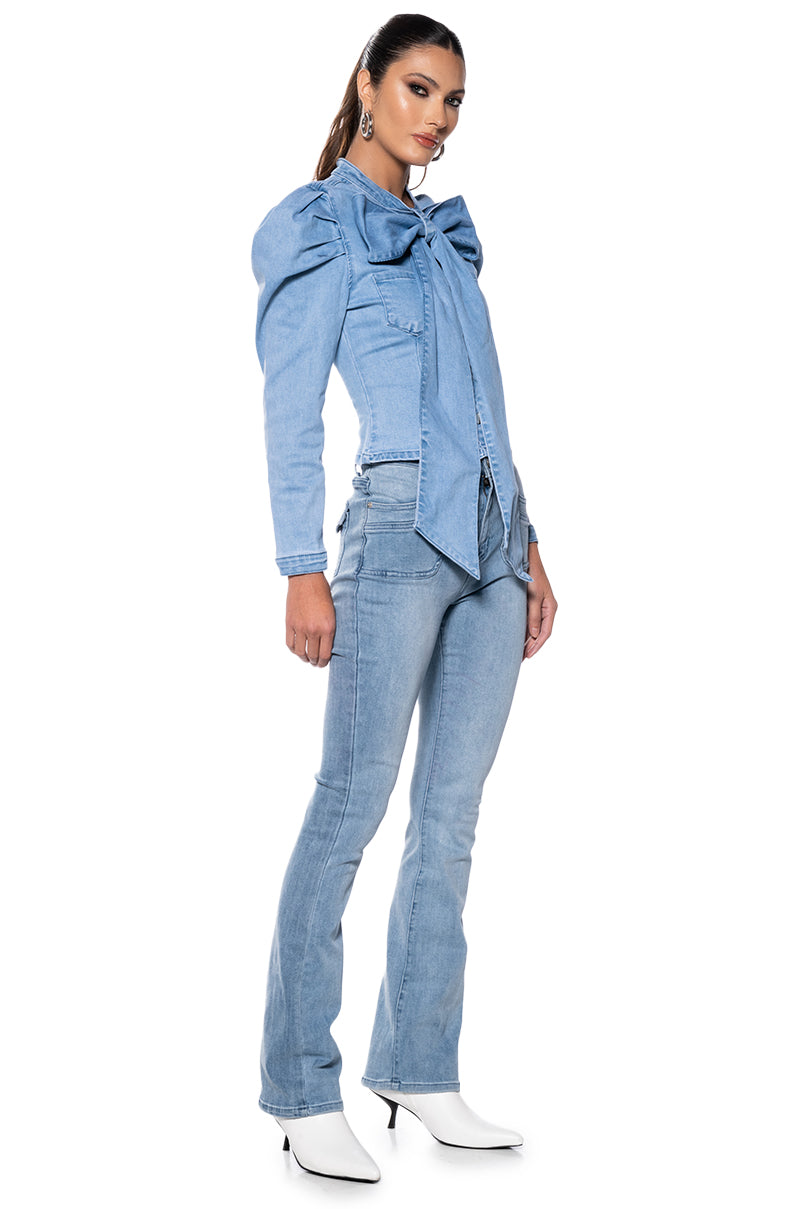 Side View Miss Independent Denim Long Sleeve Blouse
