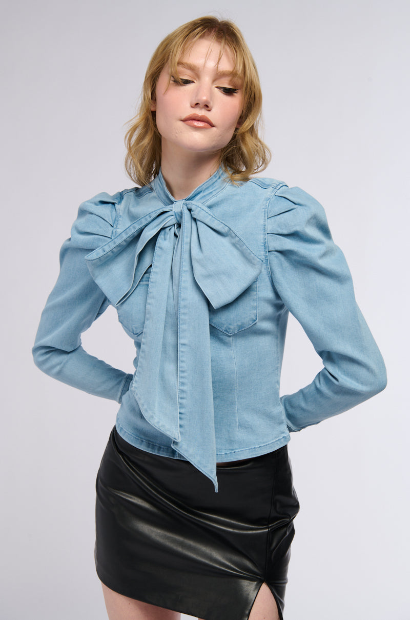 Side View Miss Independent Denim Long Sleeve Blouse