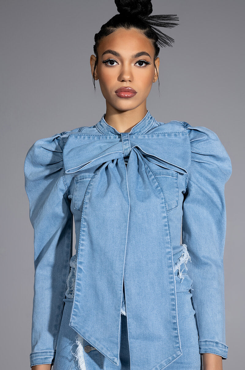Side View Miss Independent Denim Long Sleeve Blouse