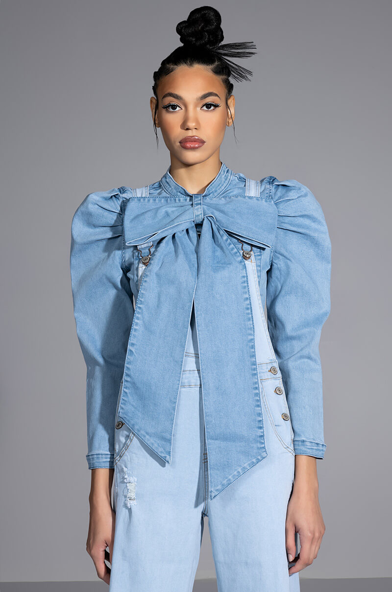 Back View Miss Independent Denim Long Sleeve Blouse