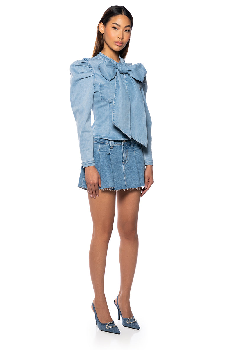 Back View Miss Independent Denim Long Sleeve Blouse