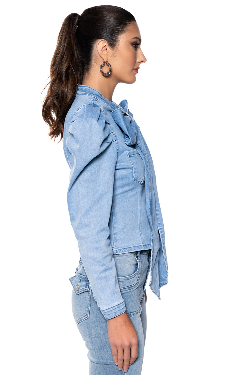 Back View Miss Independent Denim Long Sleeve Blouse