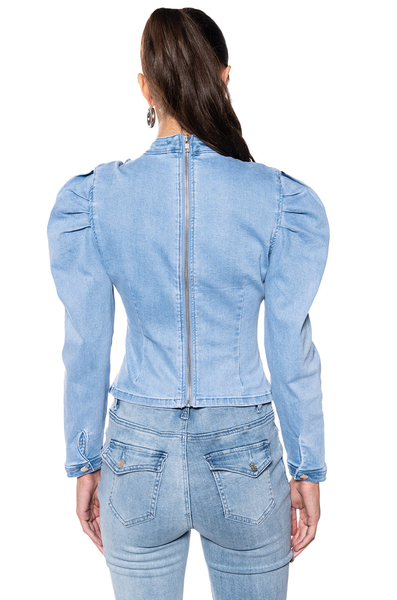 Detail View Miss Independent Denim Long Sleeve Blouse