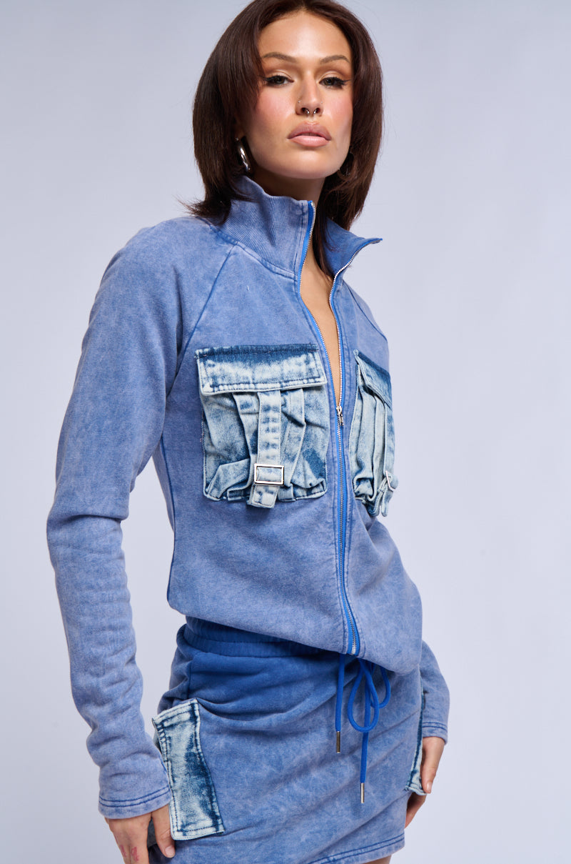 Back View Miss Popular Patch Pocket Zip Up Sweatshirt