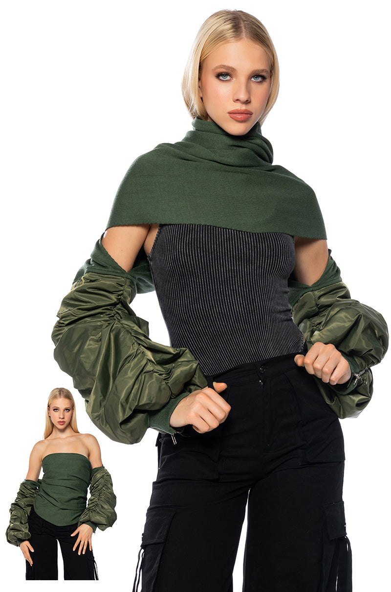 Front View Mission Accomplished Multi Way Bomber Scarf Jacket