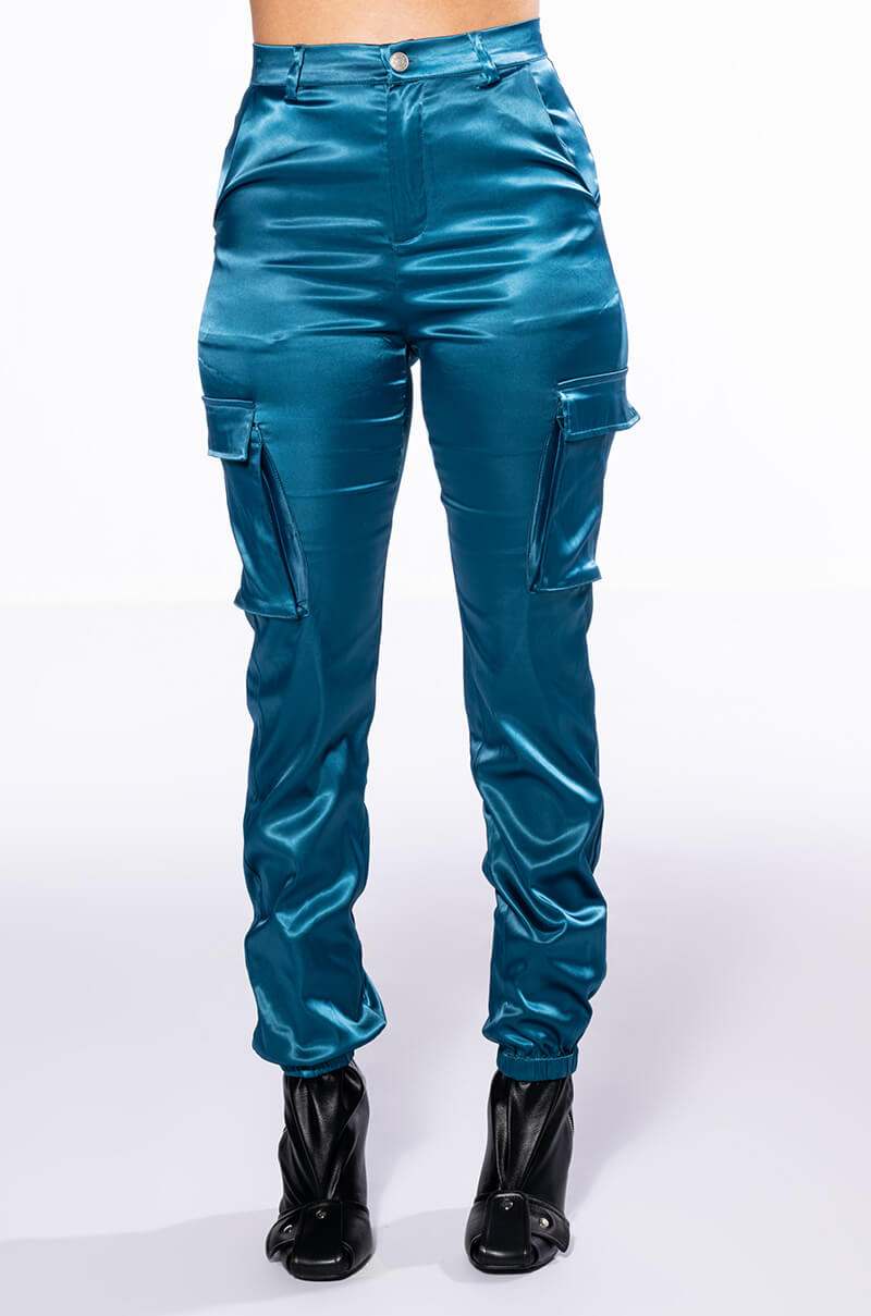 Back View Mission Impossible Satin Cargo Jogger Pants