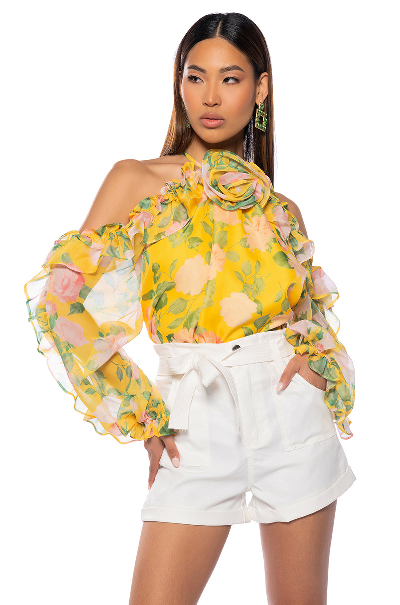 Front View Misty Floral Print Cold Shoulder Chiffon Blouse