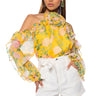 Front View Misty Floral Print Cold Shoulder Chiffon Blouse