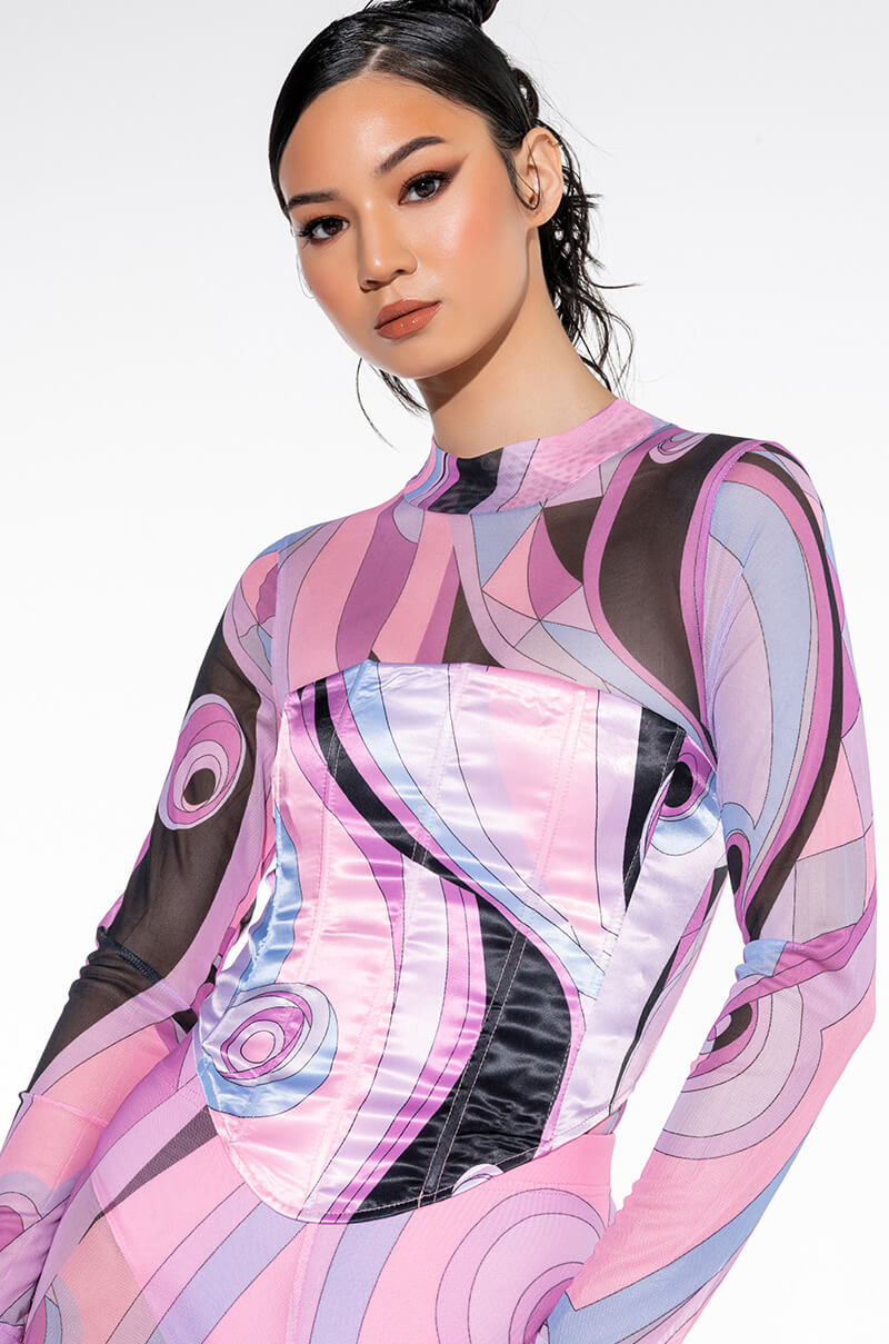 Front View Mixed Swirl Satin Corset