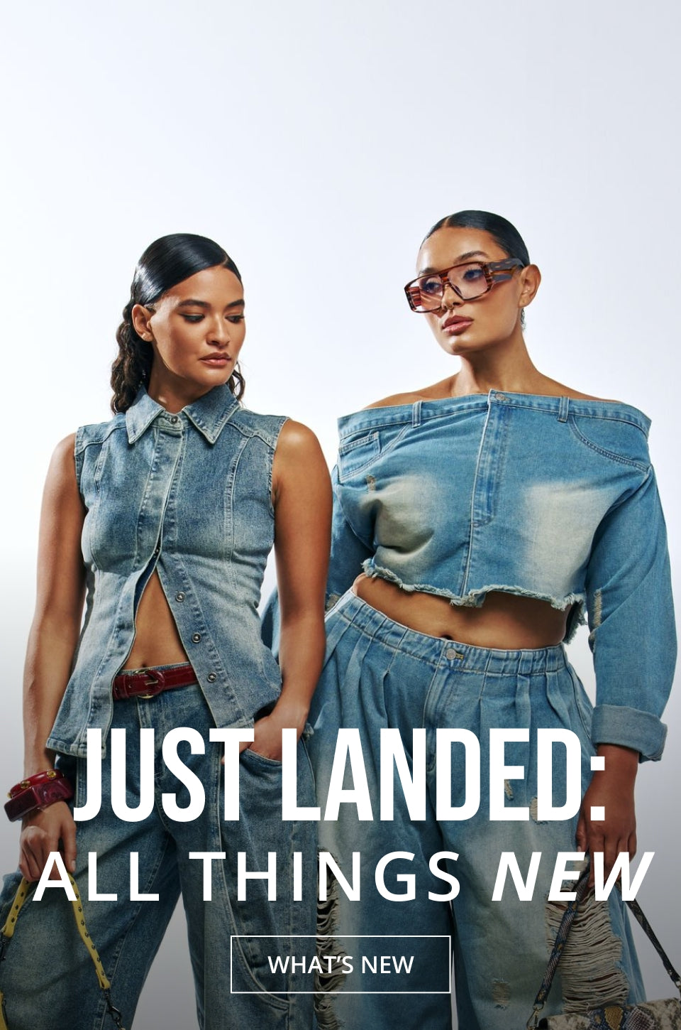 Two models wearing denim clothing pose against a light gray studio background with large overlaid text reading 'JUST LANDED: ALL THINGS NEW' and a 'WHAT'S NEW' button.