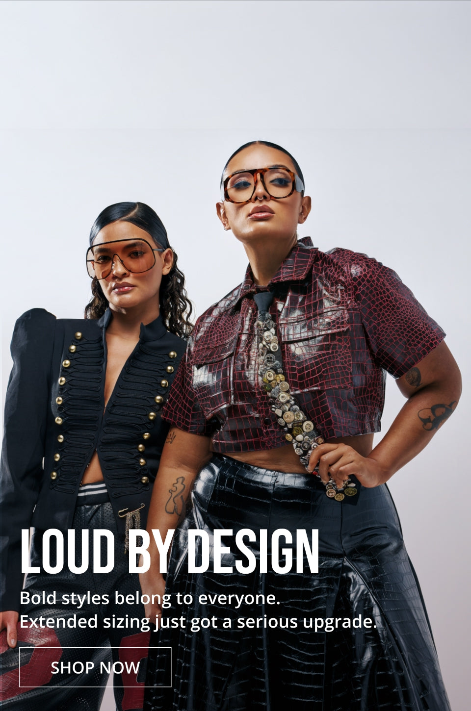 Two models wearing fashion eyewear and outfits with promotional text overlay on a light gray background.