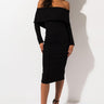 Front View Model Behavior Off Shoulder Faux Suede Midi Dress  in Black