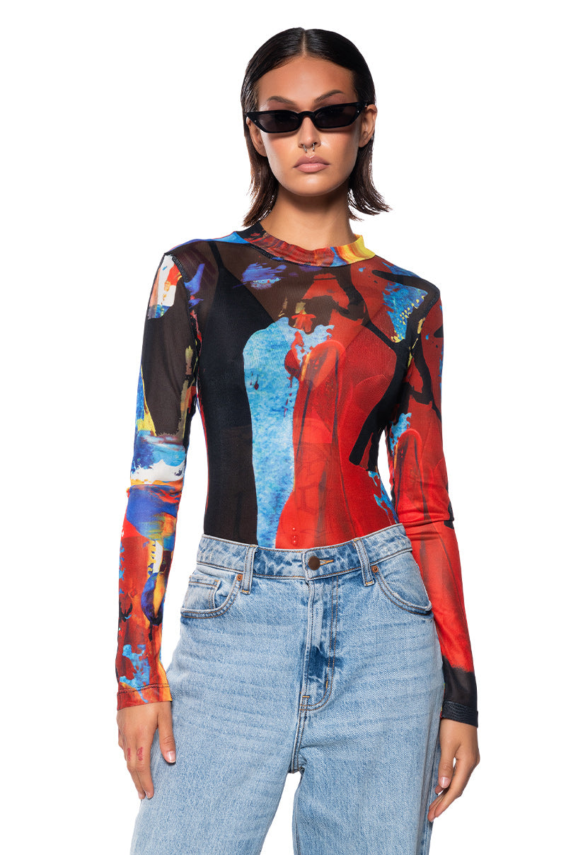 Front View Modern Art Long Sleeve Mesh Mock Neck Bodysuit
