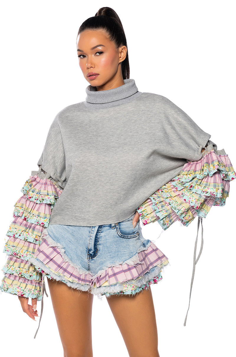 Front View Modern Essence Ruffle Sleeve Pullover