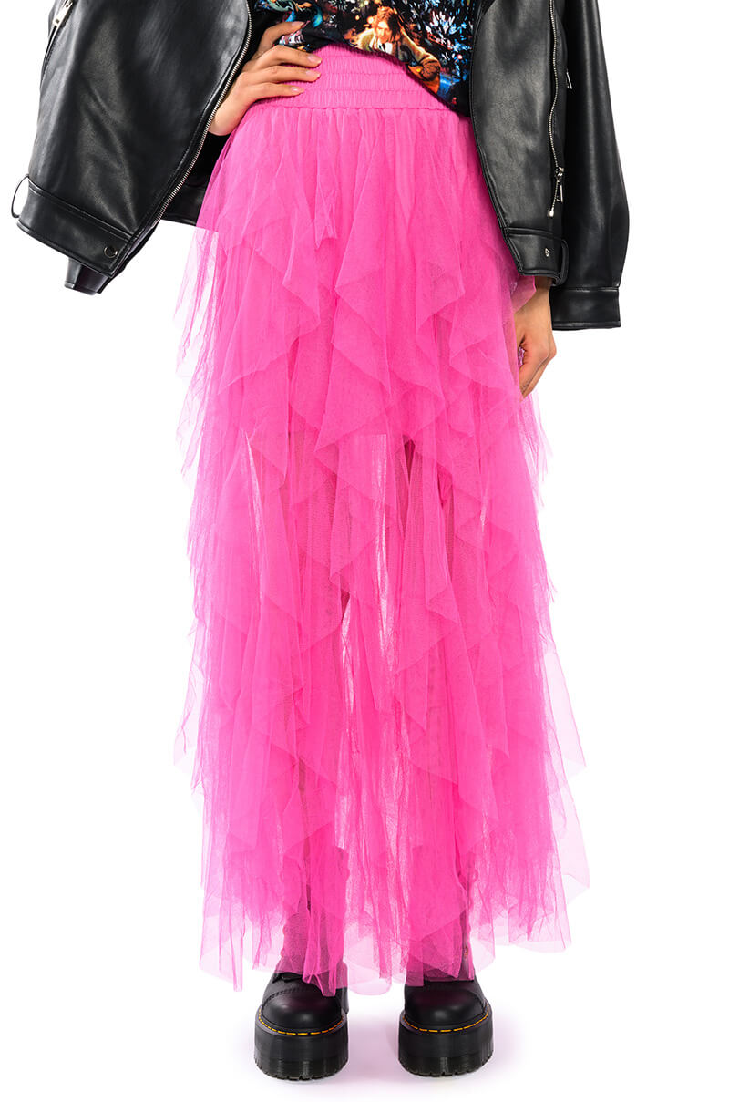 Front View Modern Royalty Layered Mesh Maxi Skirt