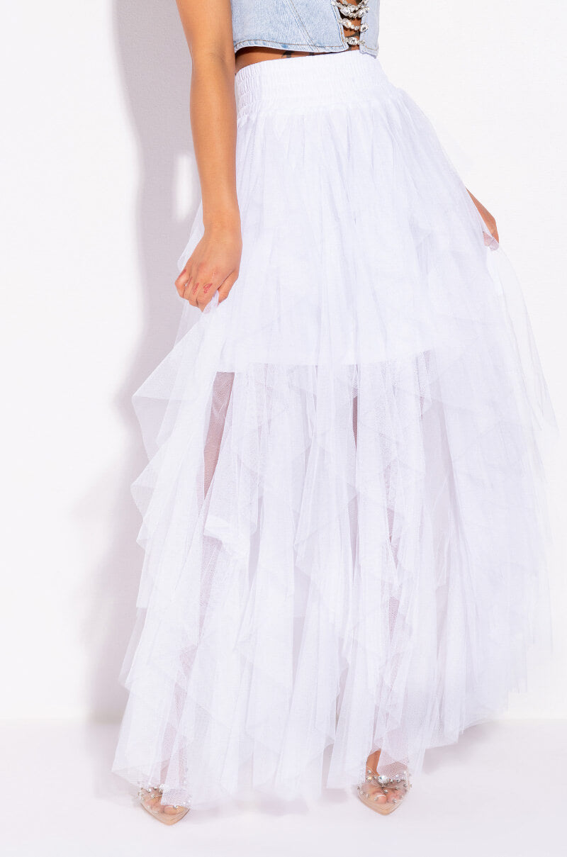 Front View Modern Royalty Layered Mesh Maxi Skirt