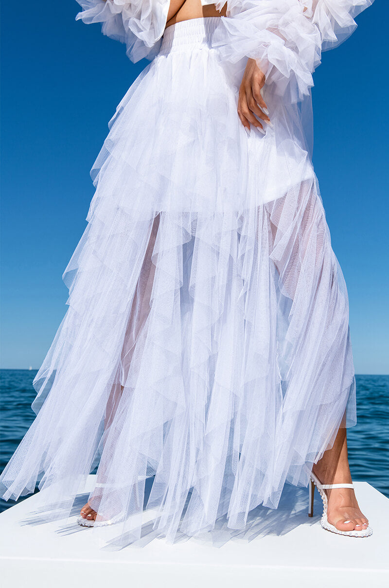 Front View Modern Royalty Layered Mesh Maxi Skirt